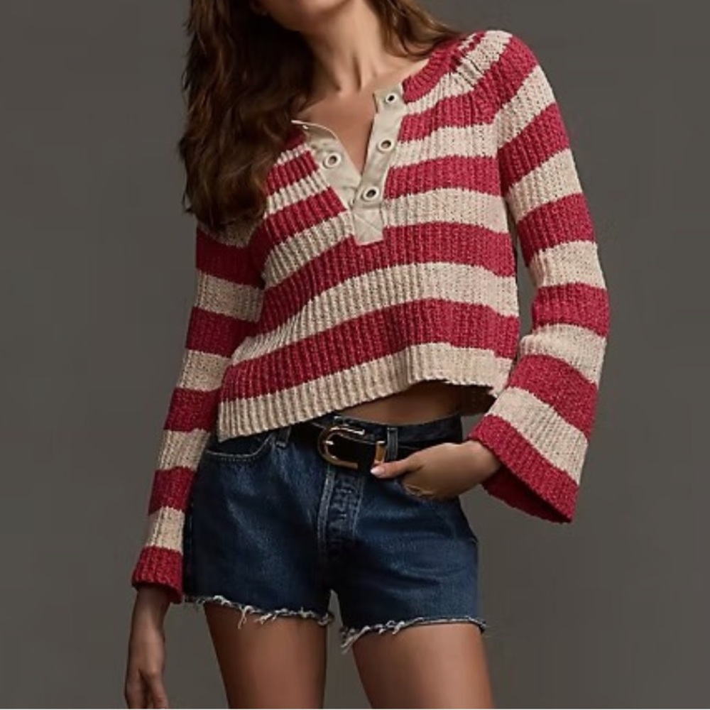 Anthropologie Pilcro Striped Bell Sleeve Henley Sweater
